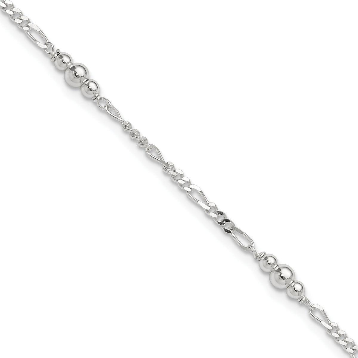 Sterling Silver Beaded Figaro 5-Station 9 inch Plus 1 inch Extender - Total 10 inch Anklet