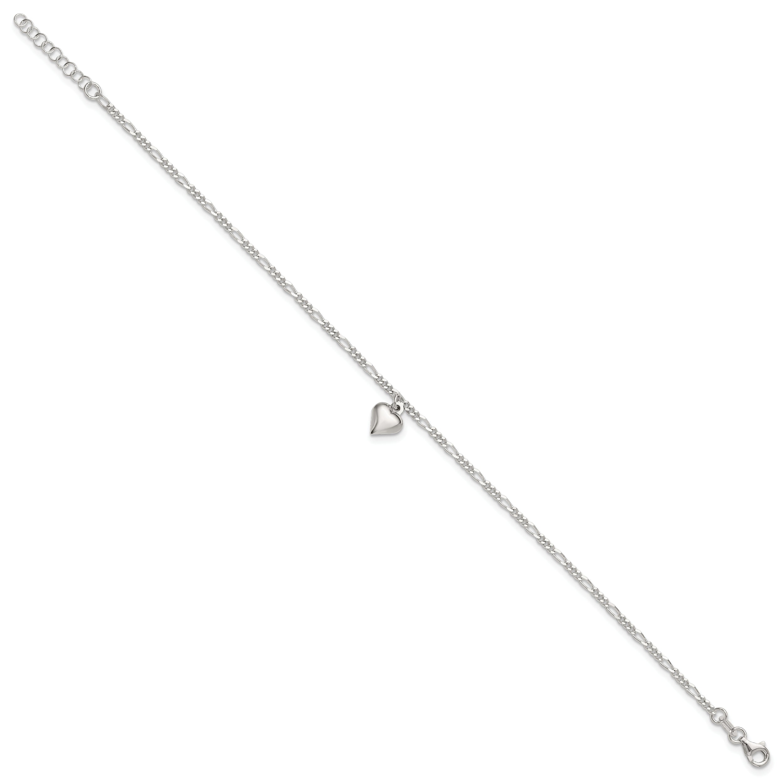 Sterling Silver Figaro Chain with Heart Charm 9 inch Plus 1 inch Extender - Total 10 inch Anklet