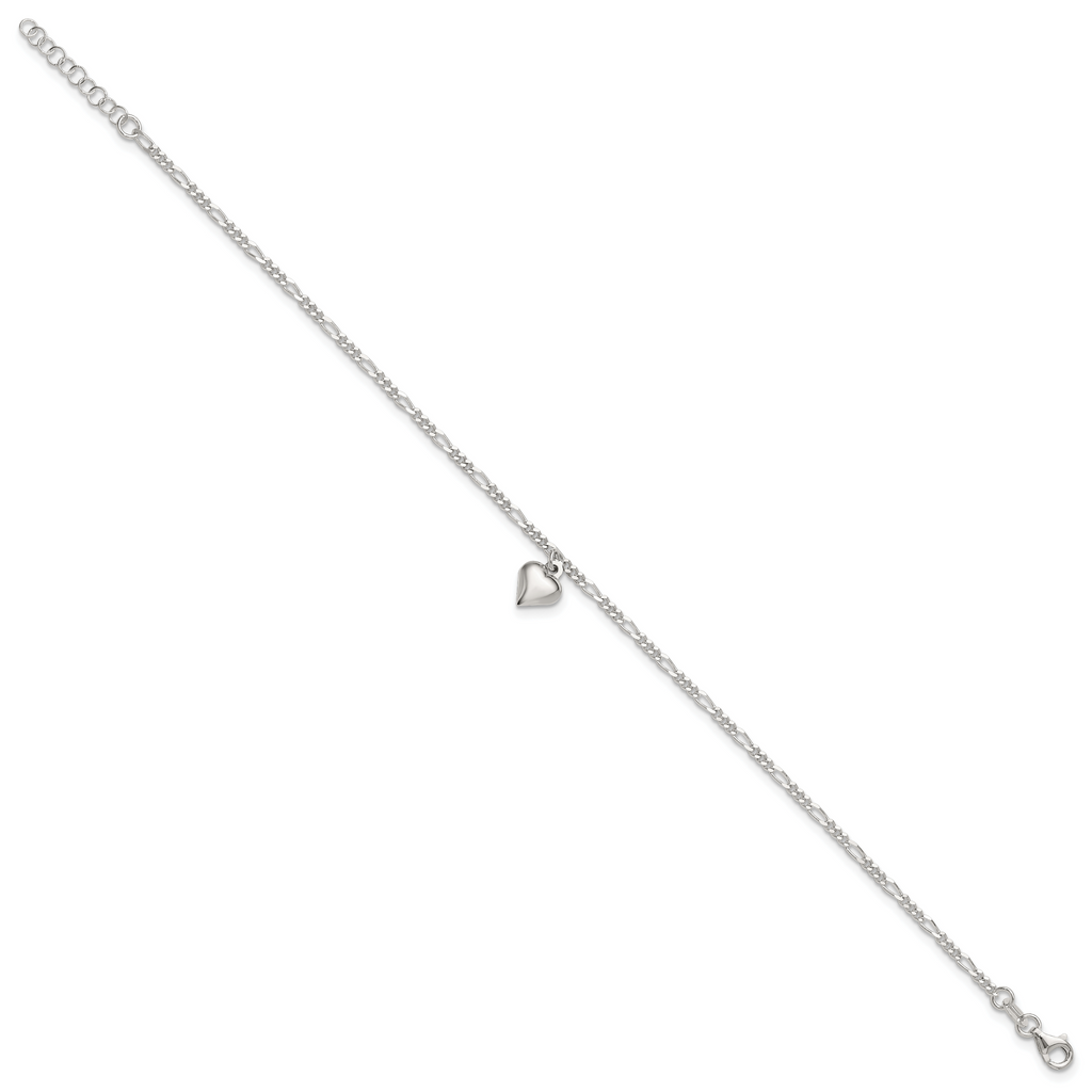 Sterling Silver Figaro Chain with Heart Charm 9 inch Plus 1 inch Extender - Total 10 inch Anklet