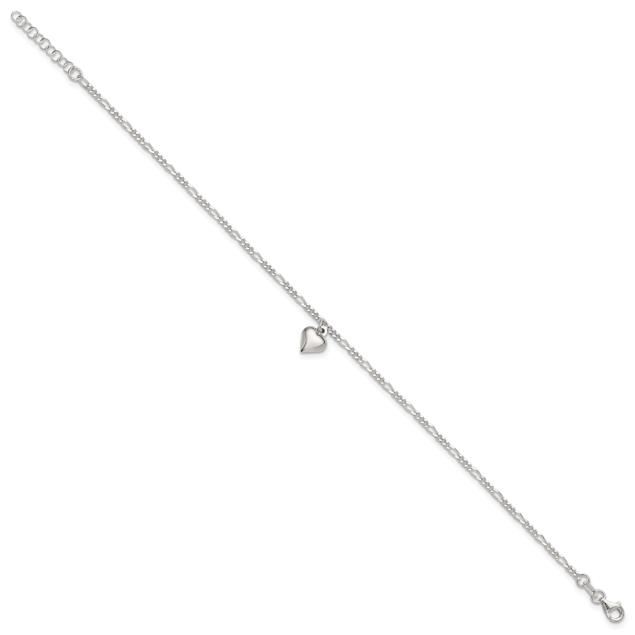 Sterling Silver Figaro Chain with Heart Charm 9 inch Plus 1 inch Extender - Total 10 inch Anklet