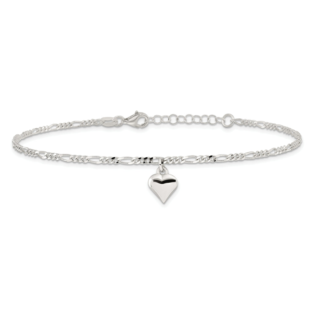 Sterling Silver Figaro Chain with Heart Charm 9 inch Plus 1 inch Extender - Total 10 inch Anklet