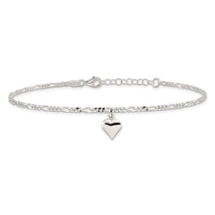 Sterling Silver Figaro Chain with Heart Charm 9 inch Plus 1 inch Extender - Total 10 inch Anklet