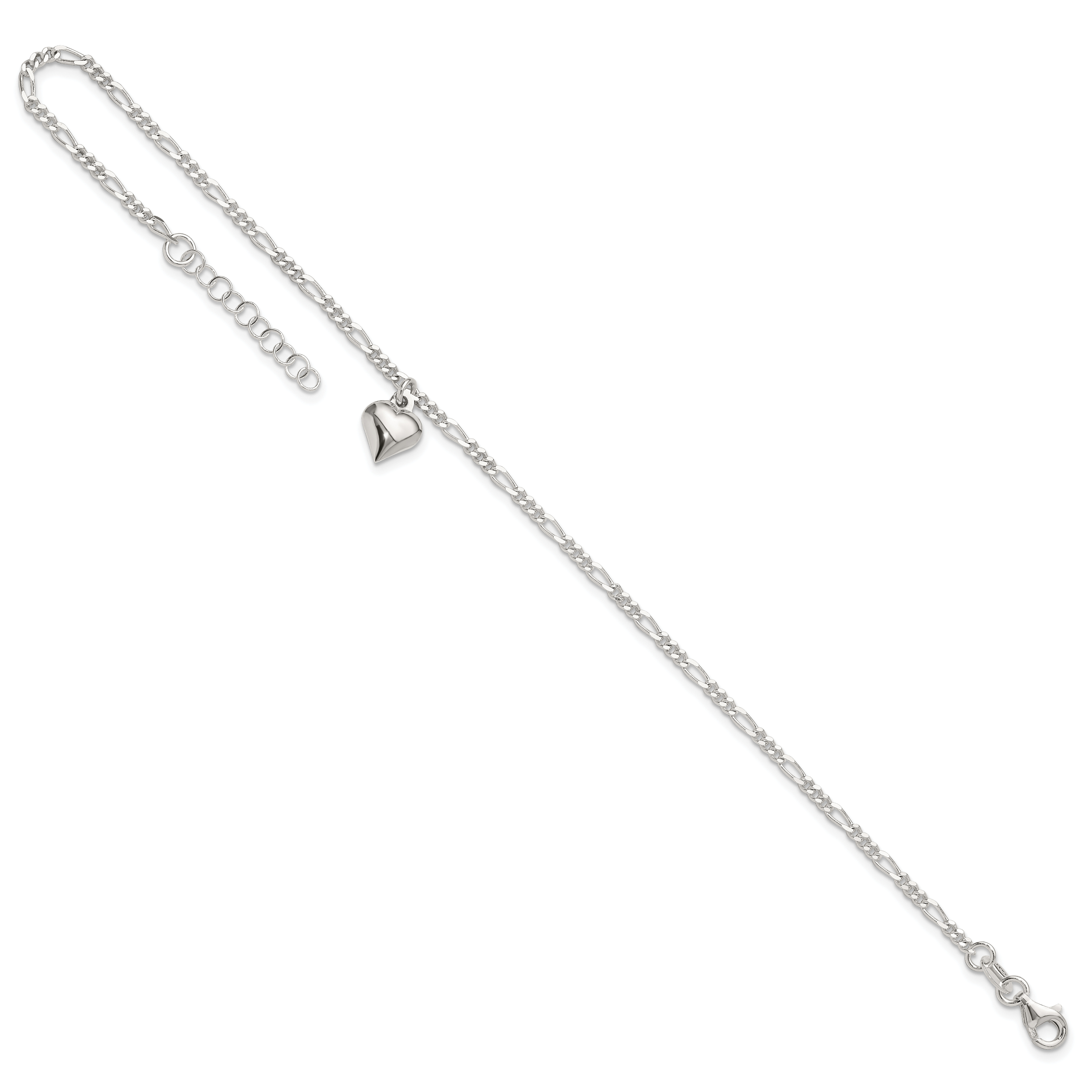 Sterling Silver Figaro Chain with Heart Charm 9 inch Plus 1 inch Extender - Total 10 inch Anklet