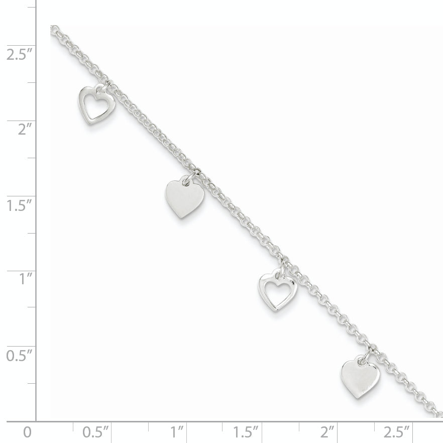 Sterling Silver Heart Charms 9 inch Plus 1 inch Extender - Total 10 inch Anklet