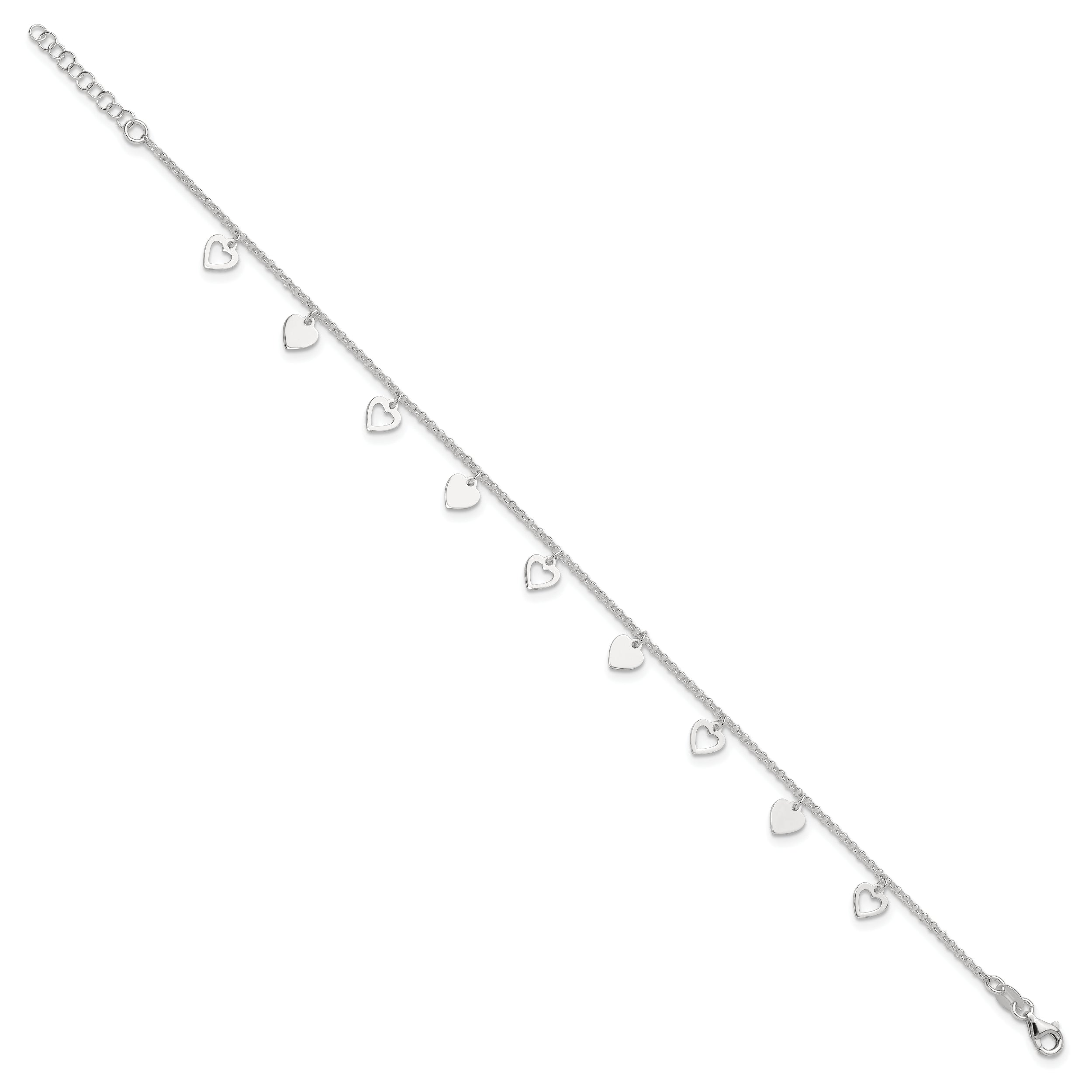 Sterling Silver Heart Charms 9 inch Plus 1 inch Extender - Total 10 inch Anklet