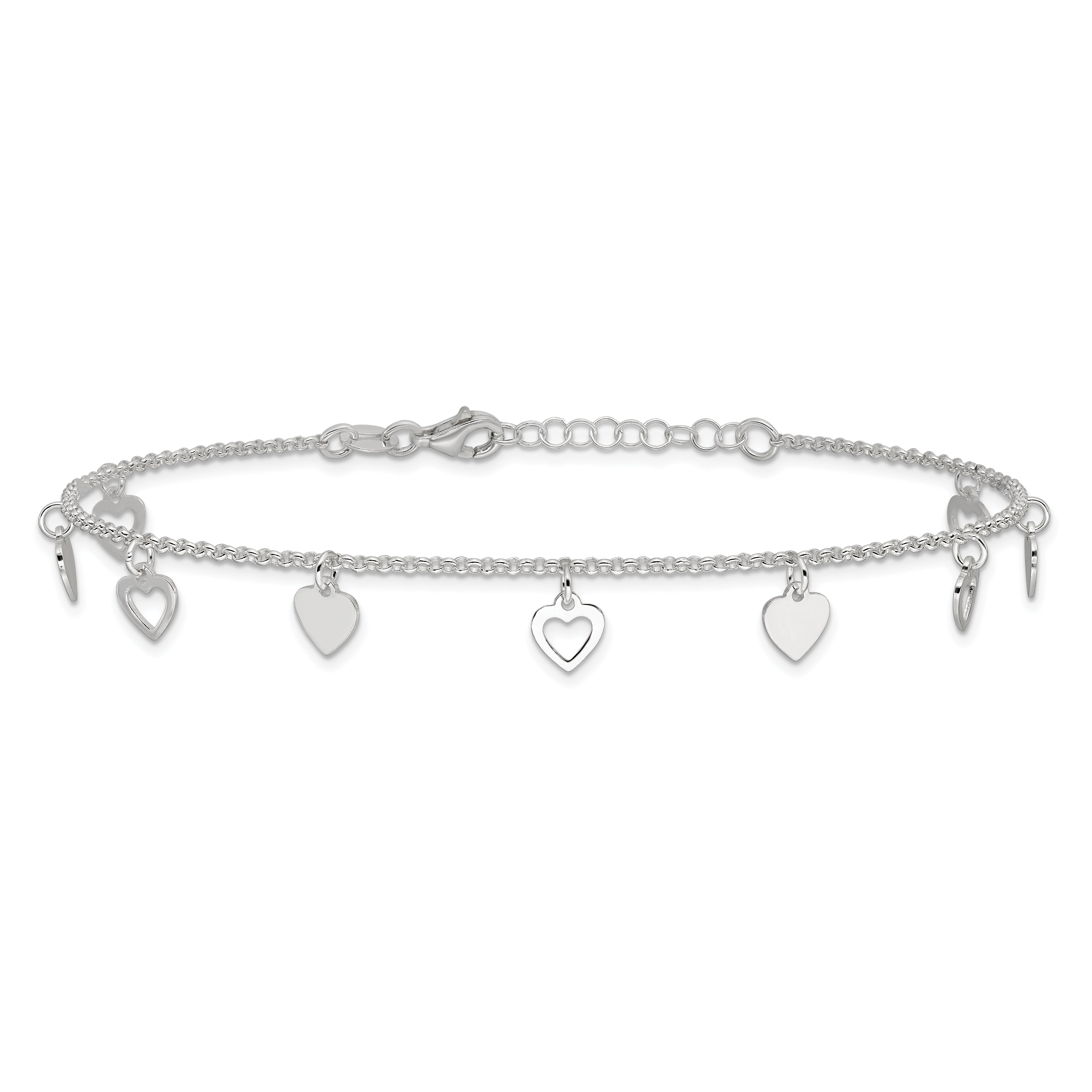 Sterling Silver Heart Charms 9 inch Plus 1 inch Extender - Total 10 inch Anklet