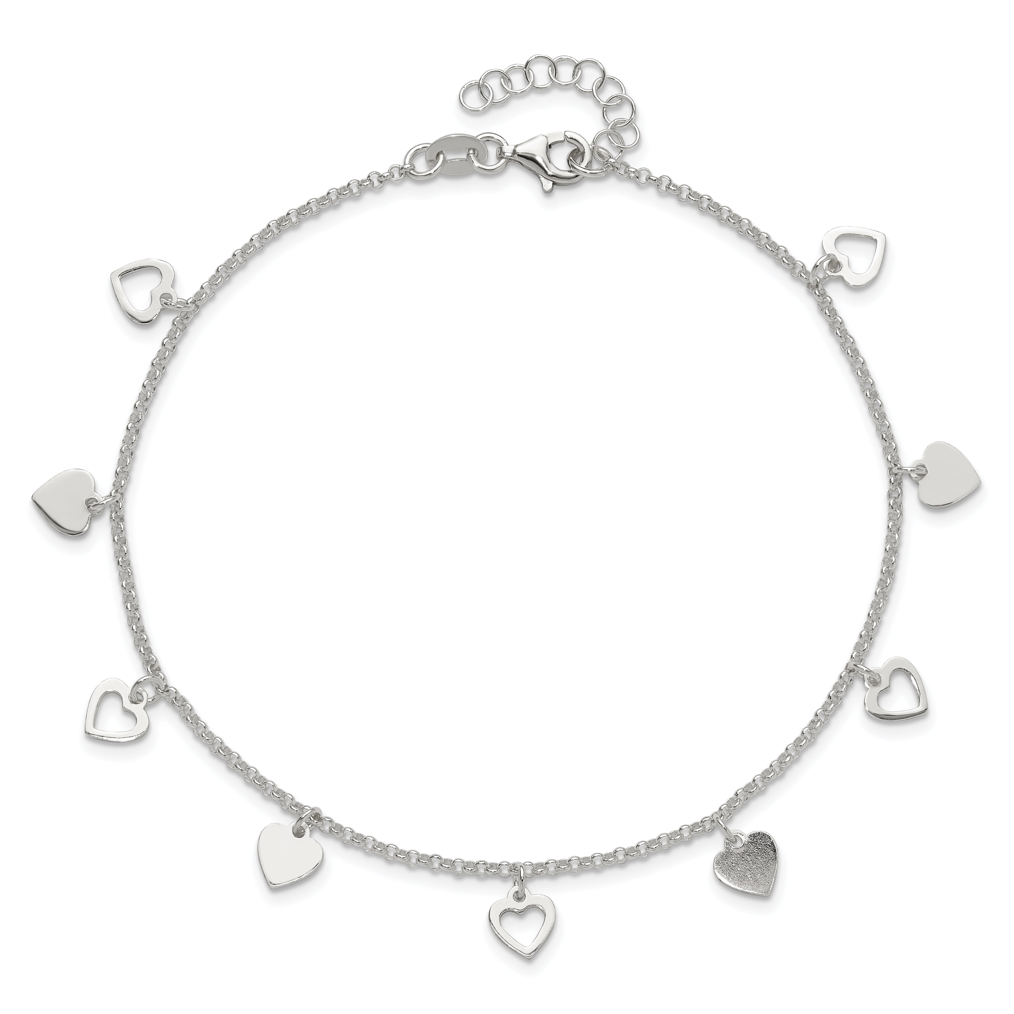 Sterling Silver Heart Charms 9 inch Plus 1 inch Extender - Total 10 inch Anklet