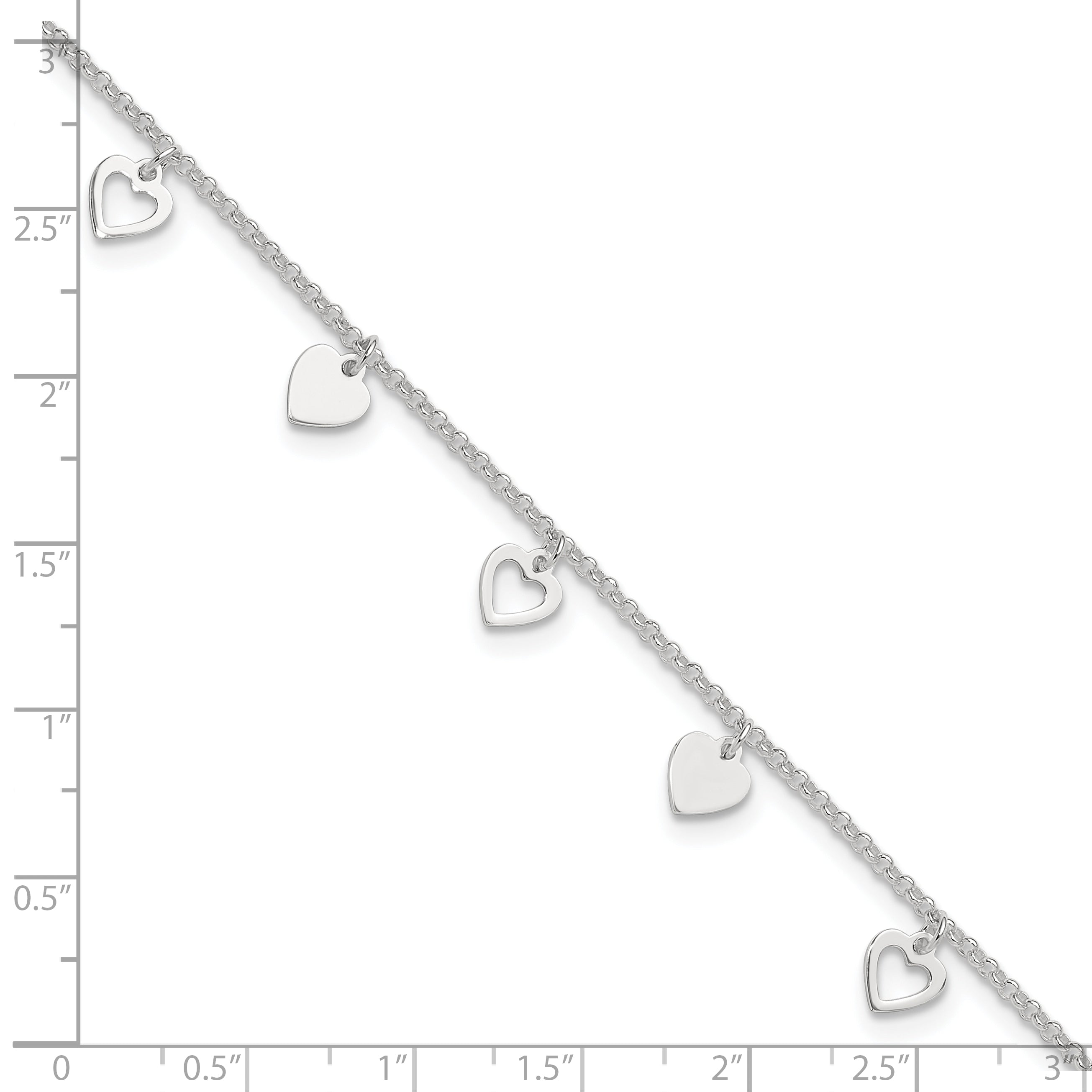 Sterling Silver Heart Charms 9 inch Plus 1 inch Extender - Total 10 inch Anklet