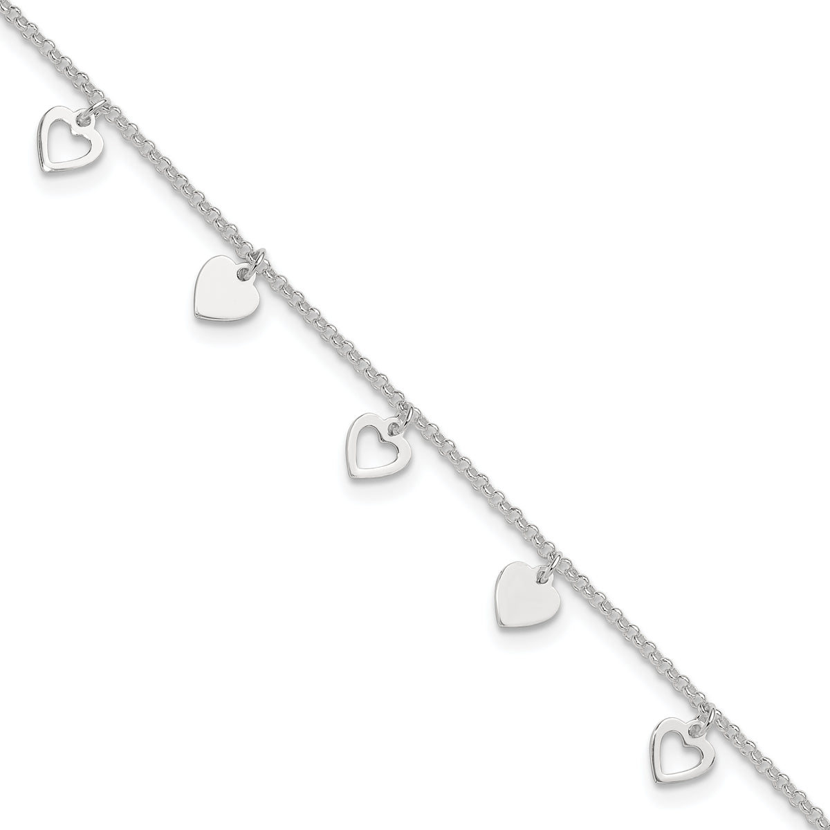 Sterling Silver Heart Charms 9 inch Plus 1 inch Extender - Total 10 inch Anklet
