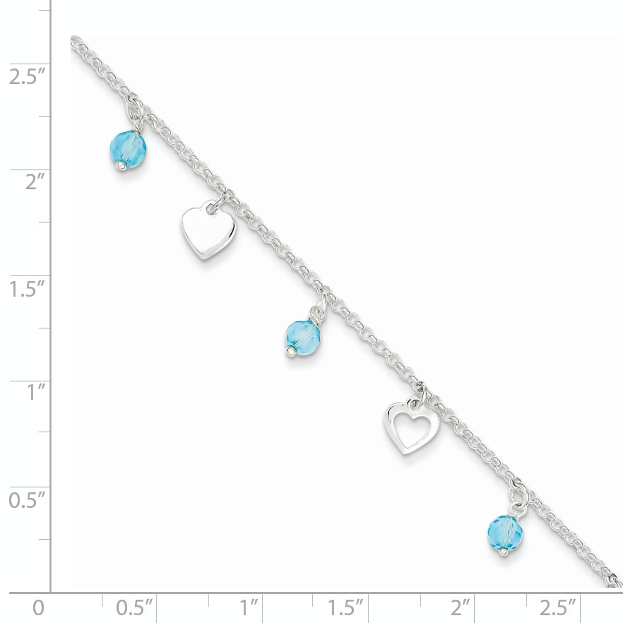 Sterling Silver Blue Glass Beads and Hearts 9 inch Plus 1 inch Extender - Total 10 inch Anklet