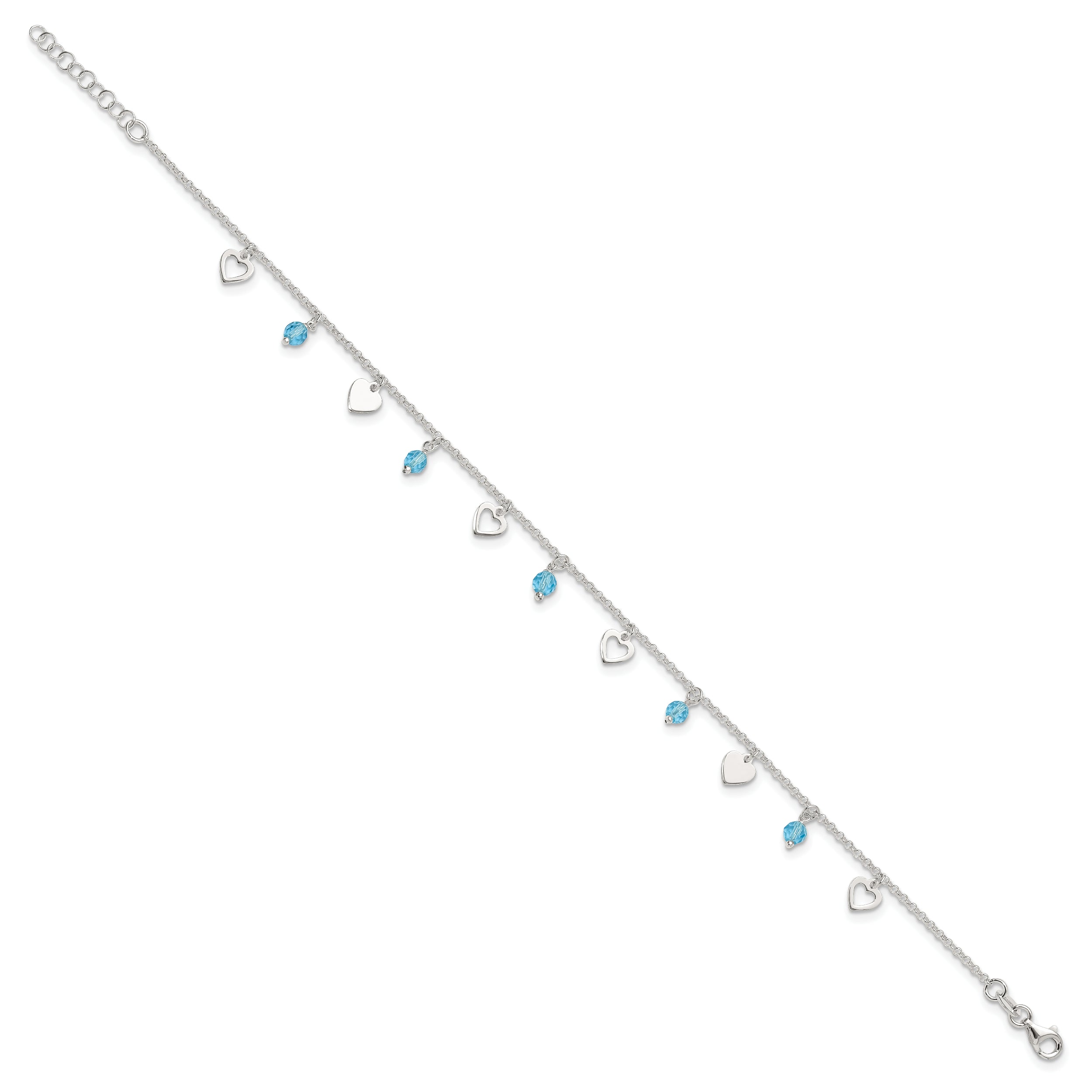 Sterling Silver Blue Glass Beads and Hearts 9 inch Plus 1 inch Extender - Total 10 inch Anklet