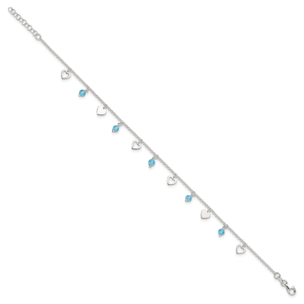 Sterling Silver Blue Glass Beads and Hearts 9 inch Plus 1 inch Extender - Total 10 inch Anklet