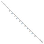 Sterling Silver Blue Glass Beads and Hearts 9 inch Plus 1 inch Extender - Total 10 inch Anklet