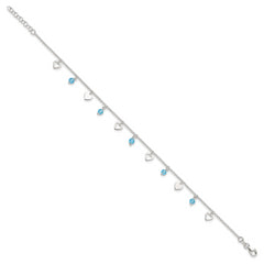 Sterling Silver Blue Glass Beads and Hearts 9 inch Plus 1 inch Extender - Total 10 inch Anklet