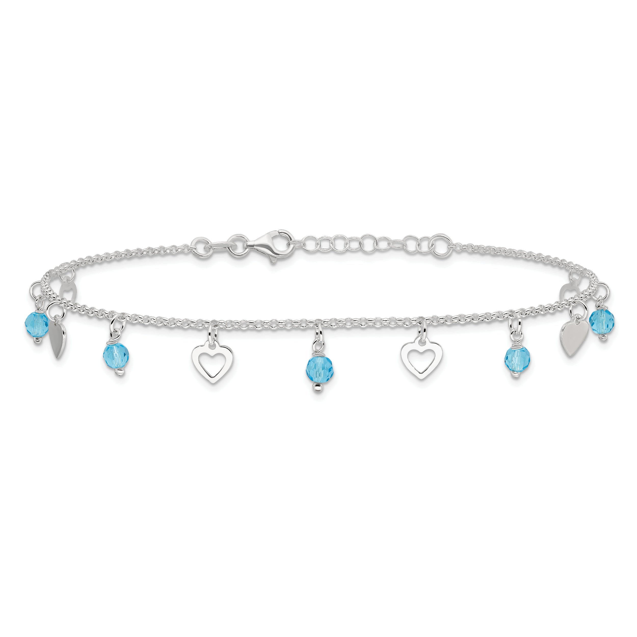 Sterling Silver Blue Glass Beads and Hearts 9 inch Plus 1 inch Extender - Total 10 inch Anklet