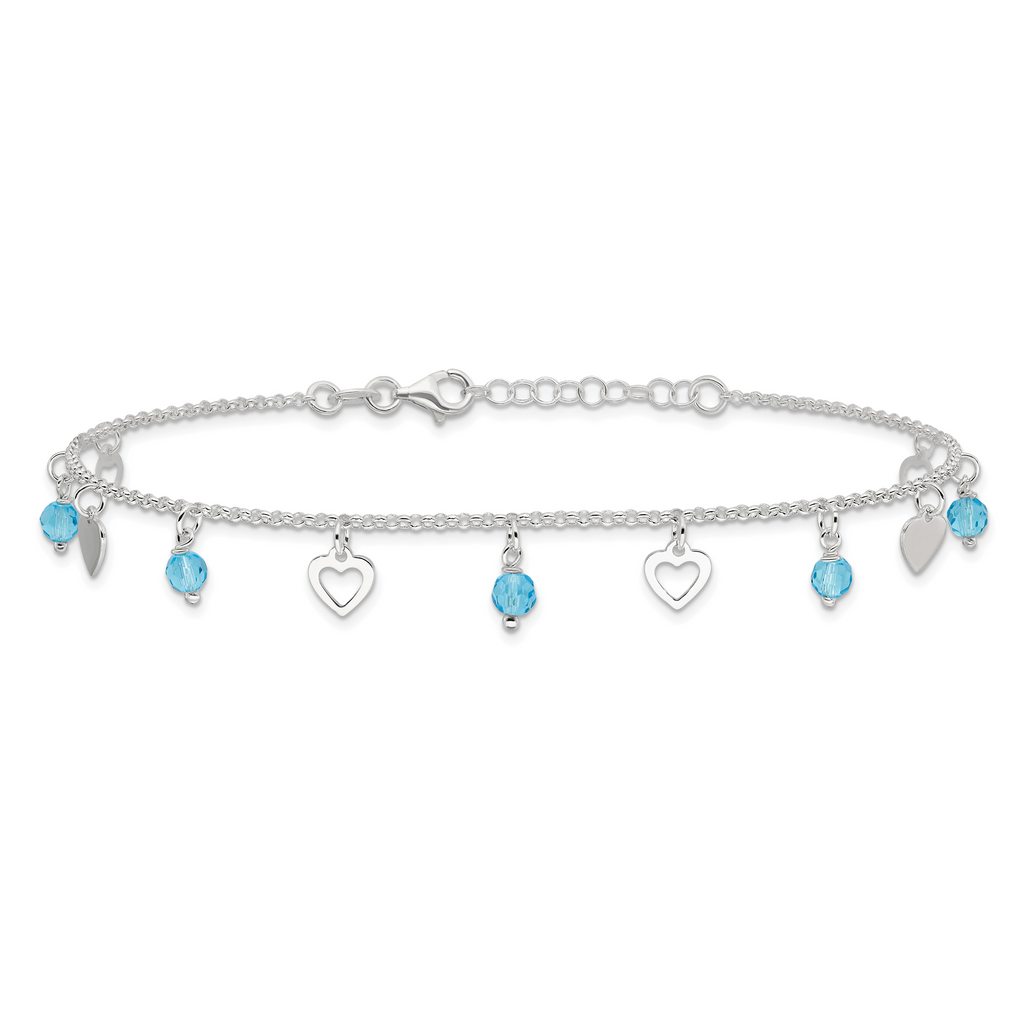Sterling Silver Blue Glass Beads and Hearts 9 inch Plus 1 inch Extender - Total 10 inch Anklet
