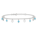 Sterling Silver Blue Glass Beads and Hearts 9 inch Plus 1 inch Extender - Total 10 inch Anklet