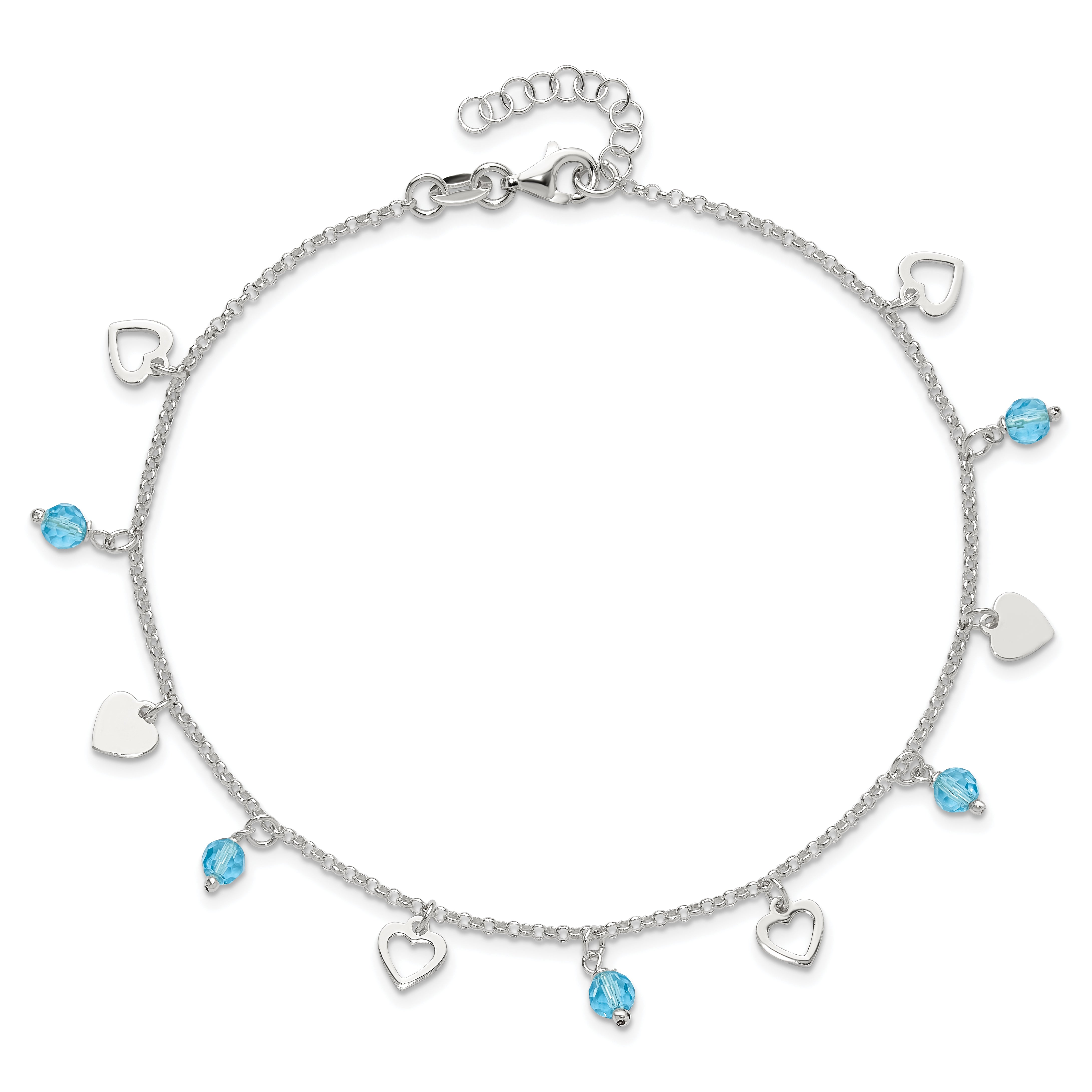 Sterling Silver Blue Glass Beads and Hearts 9 inch Plus 1 inch Extender - Total 10 inch Anklet