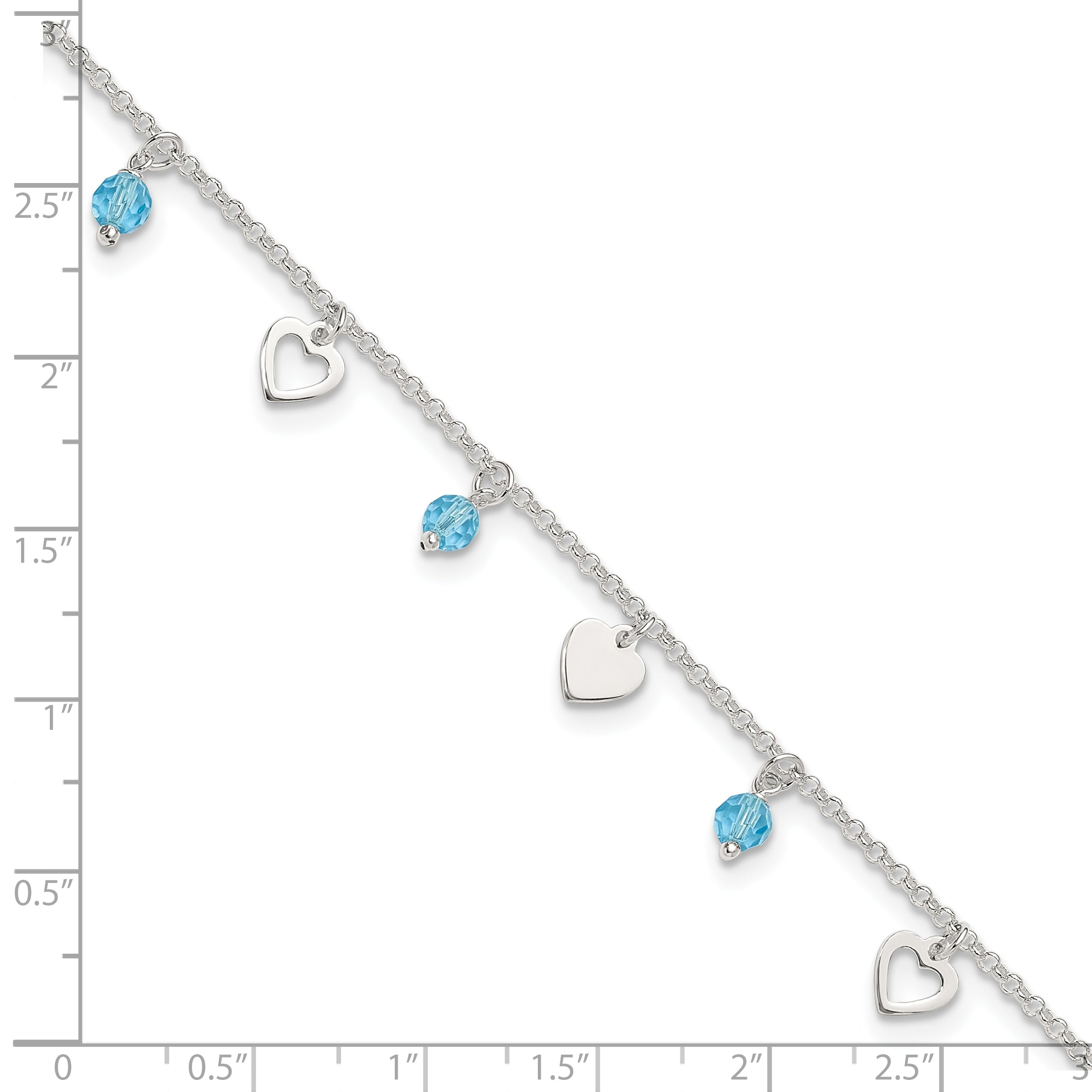 Sterling Silver Blue Glass Beads and Hearts 9 inch Plus 1 inch Extender - Total 10 inch Anklet