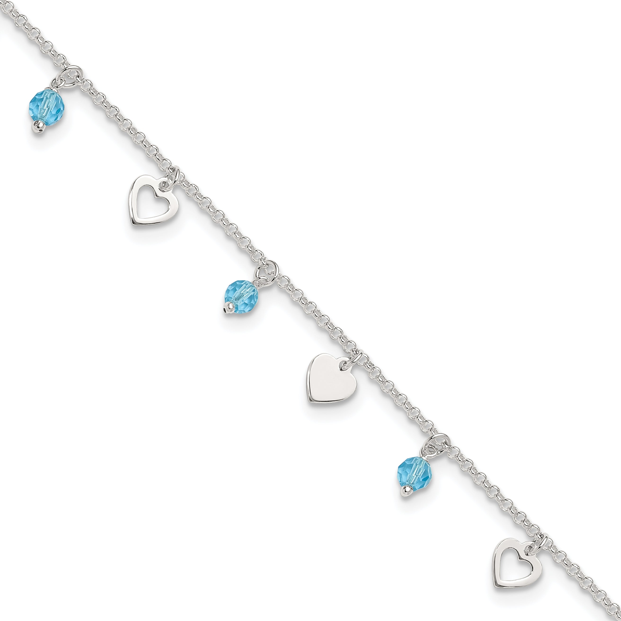Sterling Silver Blue Glass Beads and Hearts 9 inch Plus 1 inch Extender - Total 10 inch Anklet
