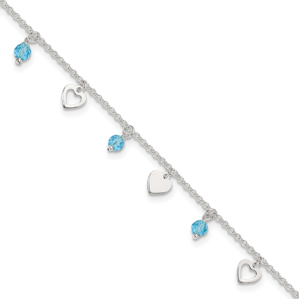 Sterling Silver Blue Glass Beads and Hearts 9 inch Plus 1 inch Extender - Total 10 inch Anklet