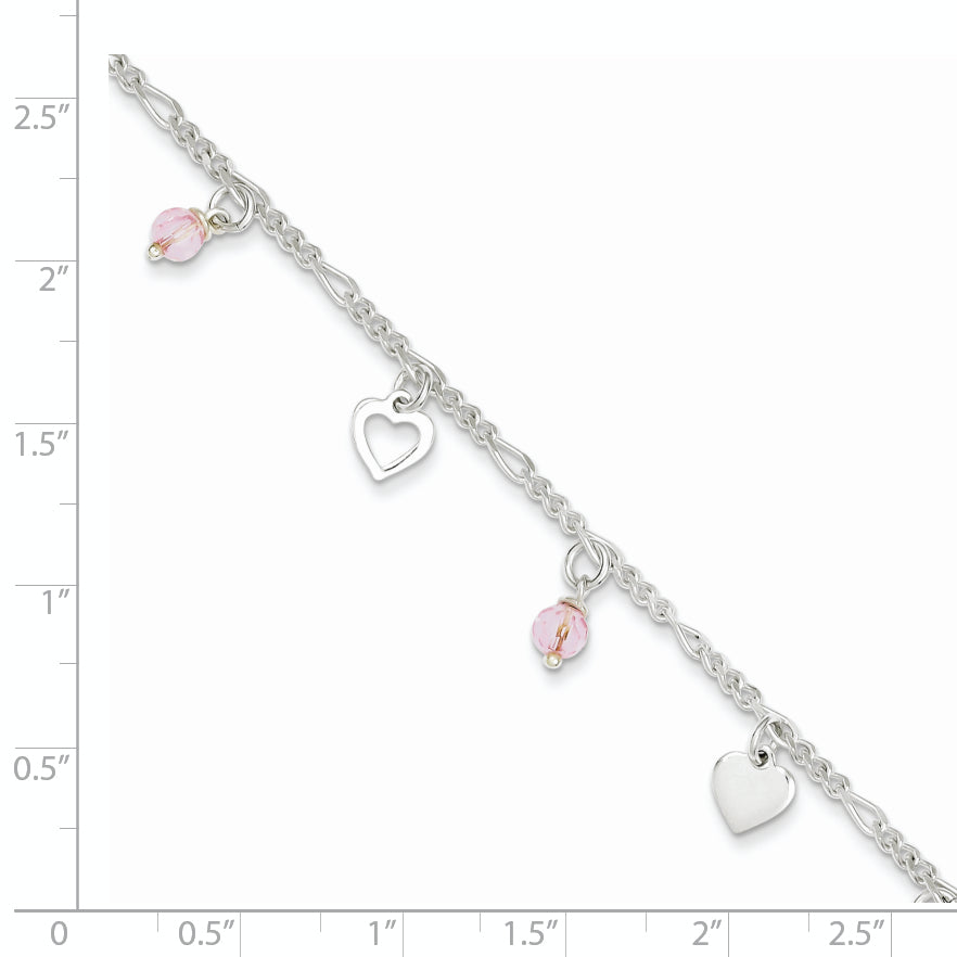 Sterling Silver Pink Glass Beads and Hearts 9 inch Plus 1 inch Extender - Total 10 inch Anklet