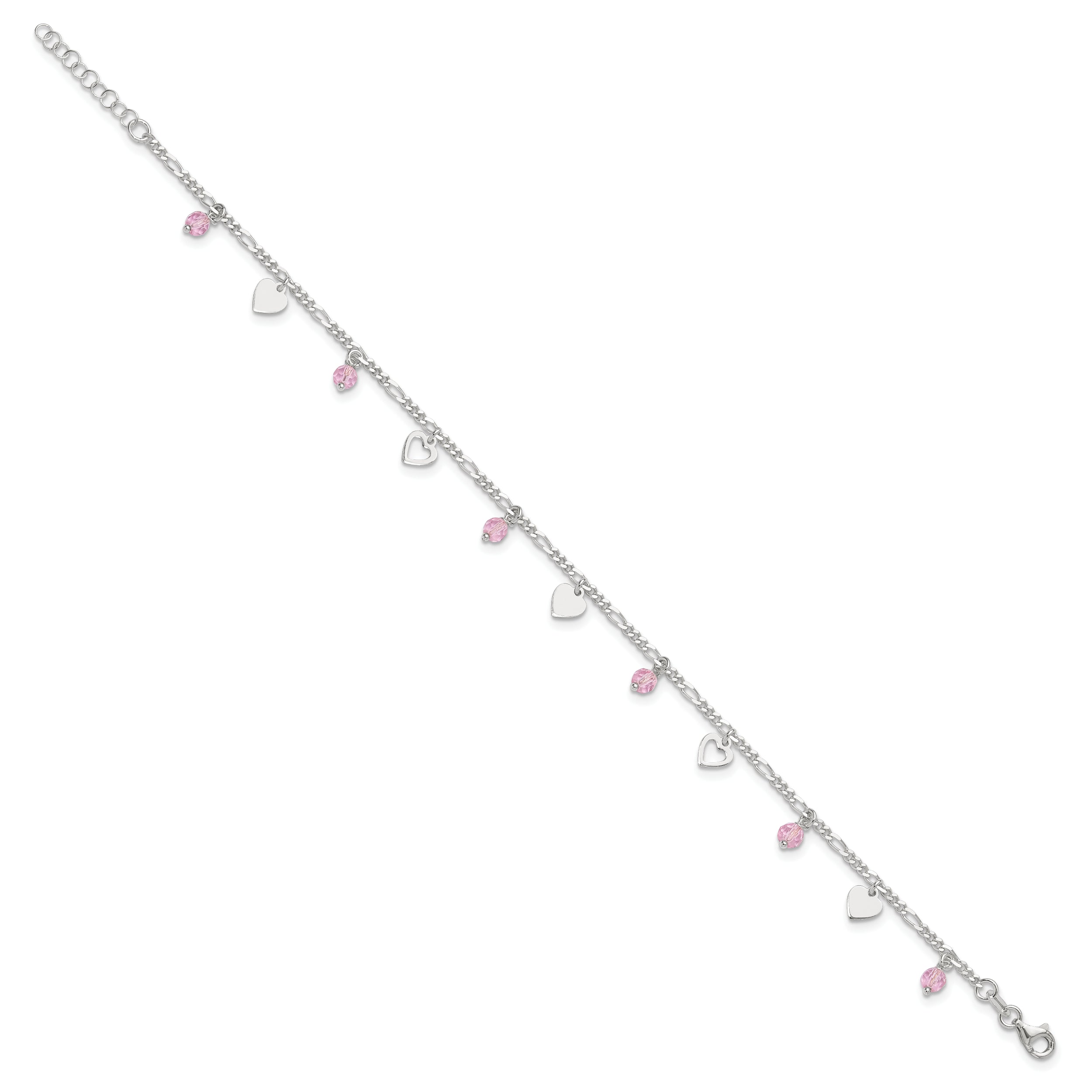Sterling Silver Pink Glass Beads and Hearts 9 inch Plus 1 inch Extender - Total 10 inch Anklet