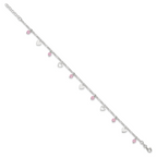 Sterling Silver Pink Glass Beads and Hearts 9 inch Plus 1 inch Extender - Total 10 inch Anklet