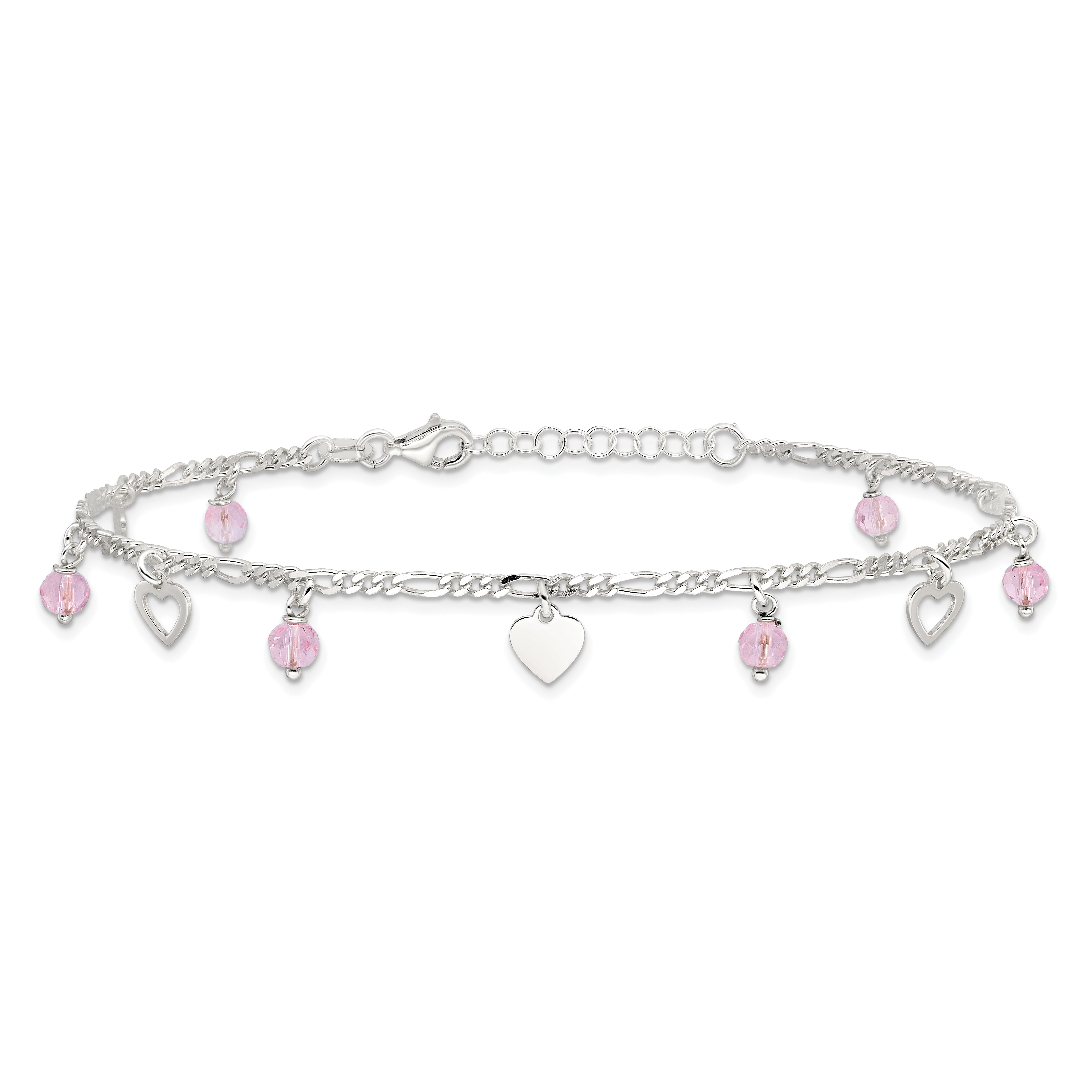 Sterling Silver Pink Glass Beads and Hearts 9 inch Plus 1 inch Extender - Total 10 inch Anklet