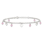 Sterling Silver Pink Glass Beads and Hearts 9 inch Plus 1 inch Extender - Total 10 inch Anklet