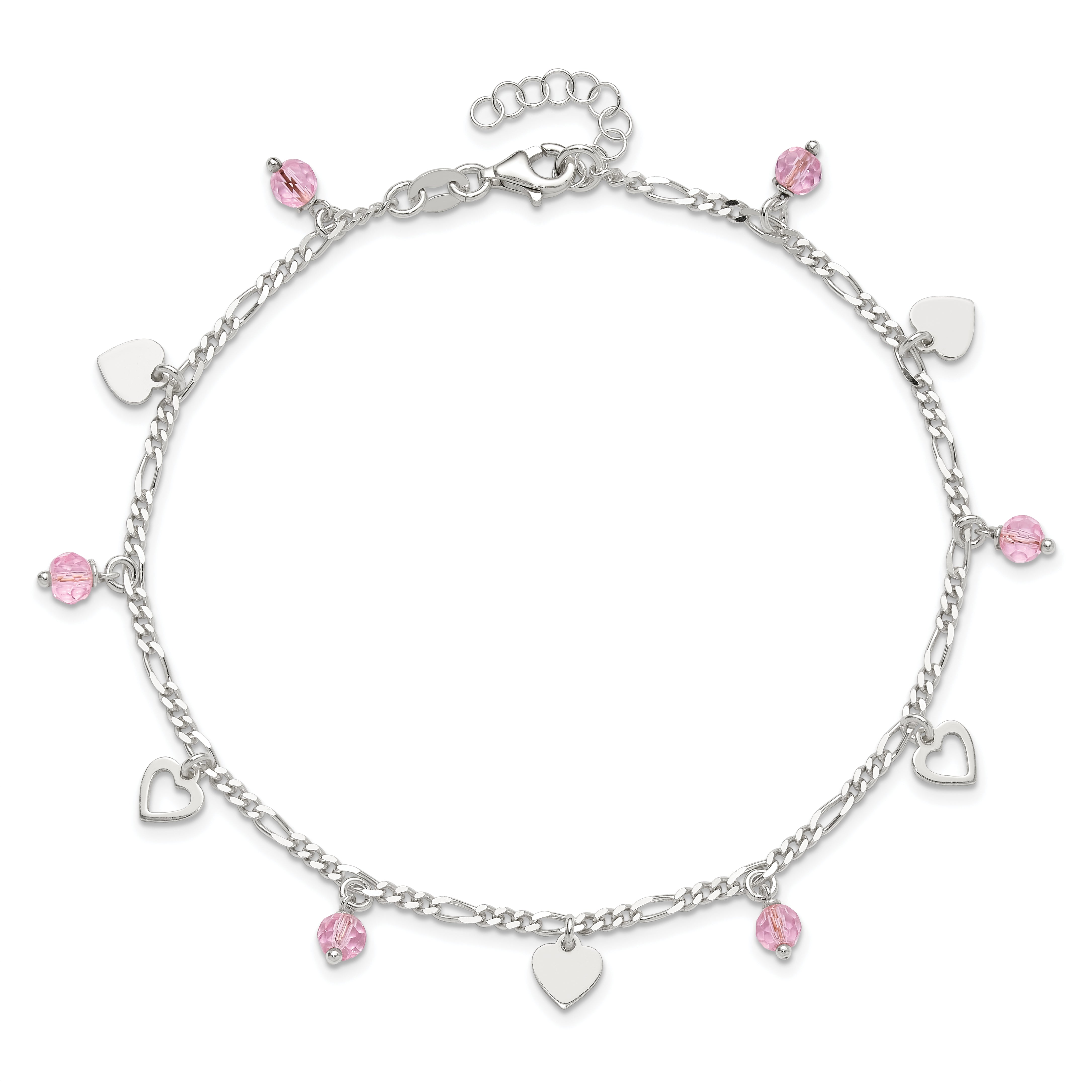 Sterling Silver Pink Glass Beads and Hearts 9 inch Plus 1 inch Extender - Total 10 inch Anklet