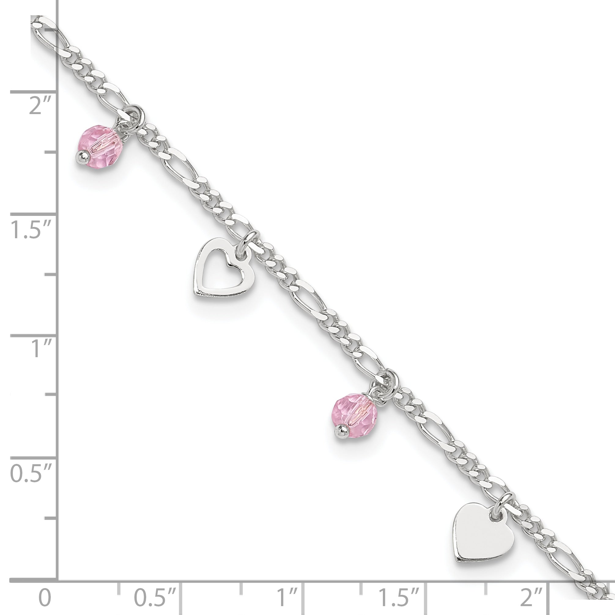 Sterling Silver Pink Glass Beads and Hearts 9 inch Plus 1 inch Extender - Total 10 inch Anklet