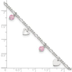 Sterling Silver Pink Glass Beads and Hearts 9 inch Plus 1 inch Extender - Total 10 inch Anklet