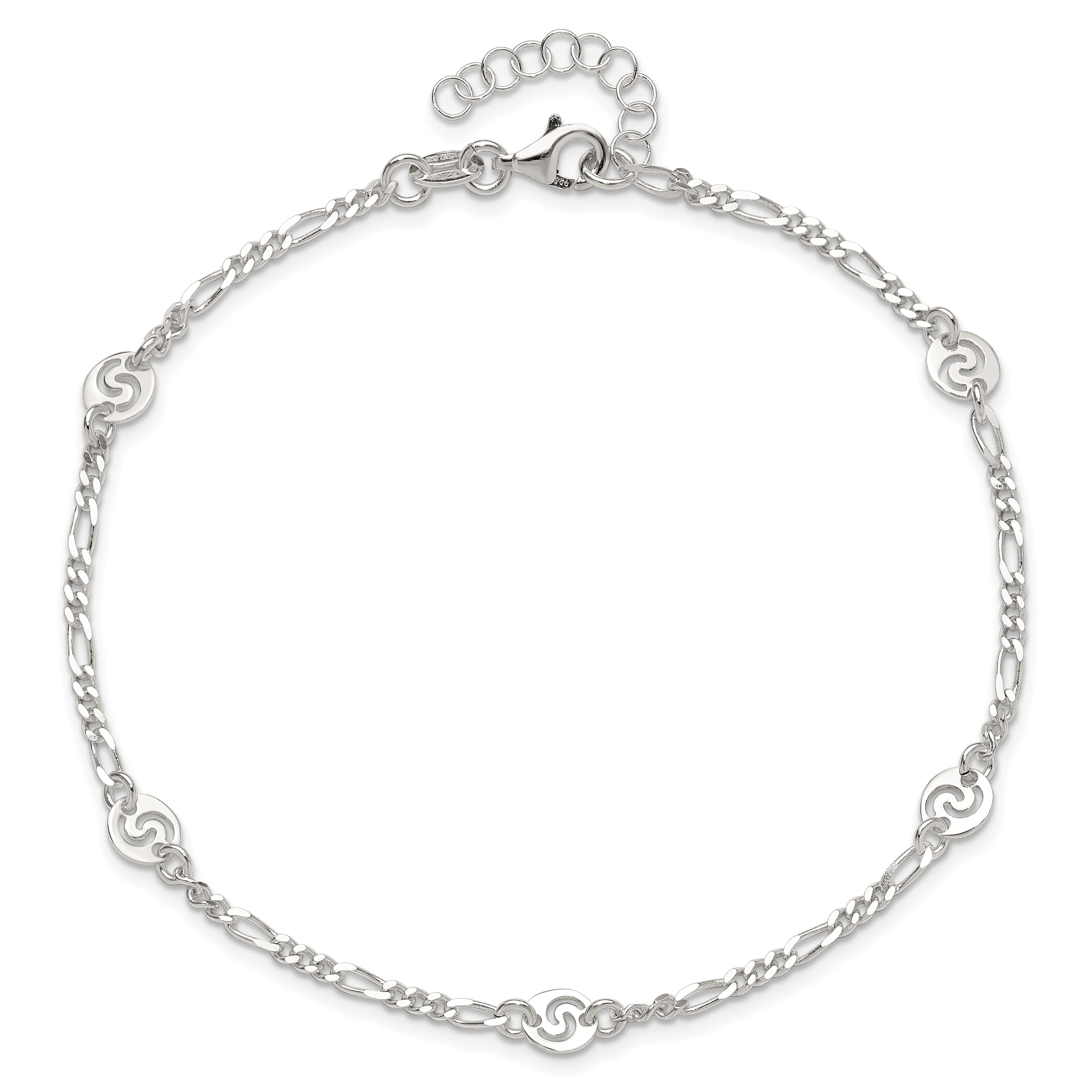 Sterling Silver Swirl Disc 9 inch Plus 1 inch Extender - Total 10 inch Anklet