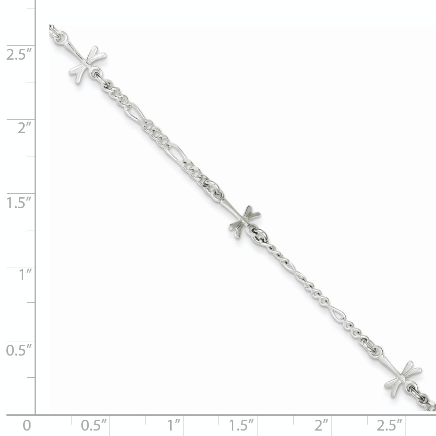 Sterling Silver Dragonflies 8 inch Plus 1 inch Extender - Total 9 inch Anklet