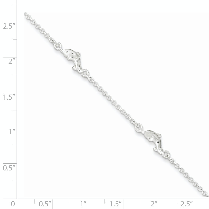 Sterling Silver Dolphin 5-Station 9 inch Plus 1 inch Extender - Total 10 inch Anklet