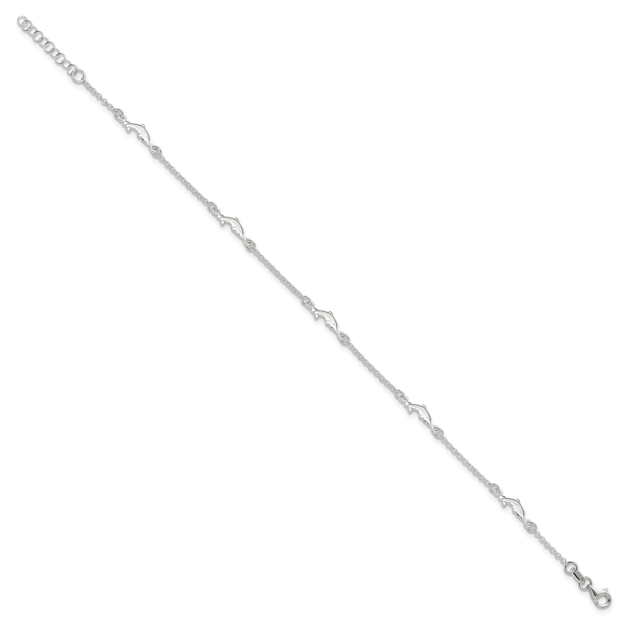 Sterling Silver Dolphin 5-Station 9 inch Plus 1 inch Extender - Total 10 inch Anklet