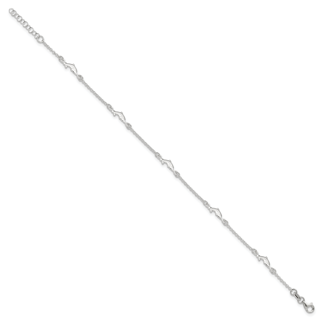 Sterling Silver Dolphin 5-Station 9 inch Plus 1 inch Extender - Total 10 inch Anklet