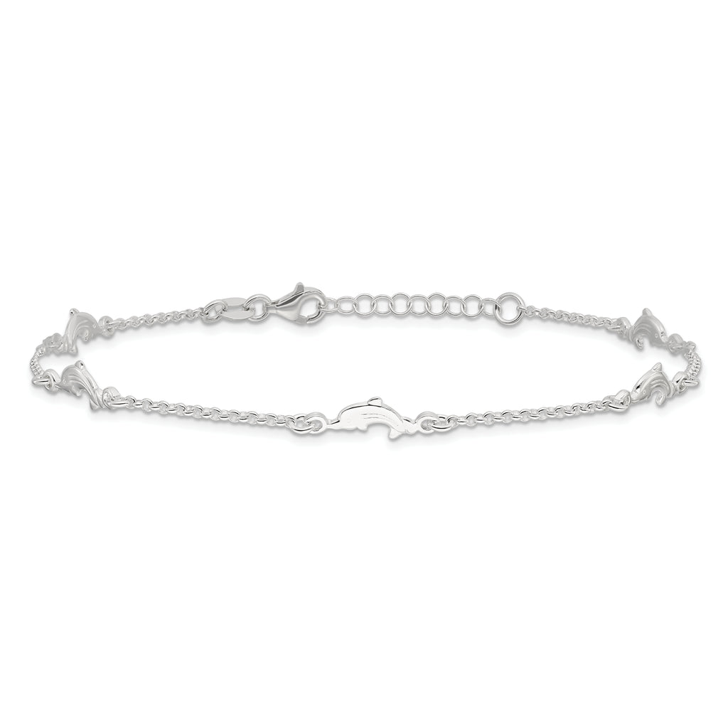 Sterling Silver Dolphin 5-Station 9 inch Plus 1 inch Extender - Total 10 inch Anklet