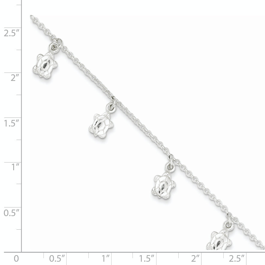 Sterling Silver Turtle Charms 9 inch Plus 1 inch Extender - Total 10 inch Anklet