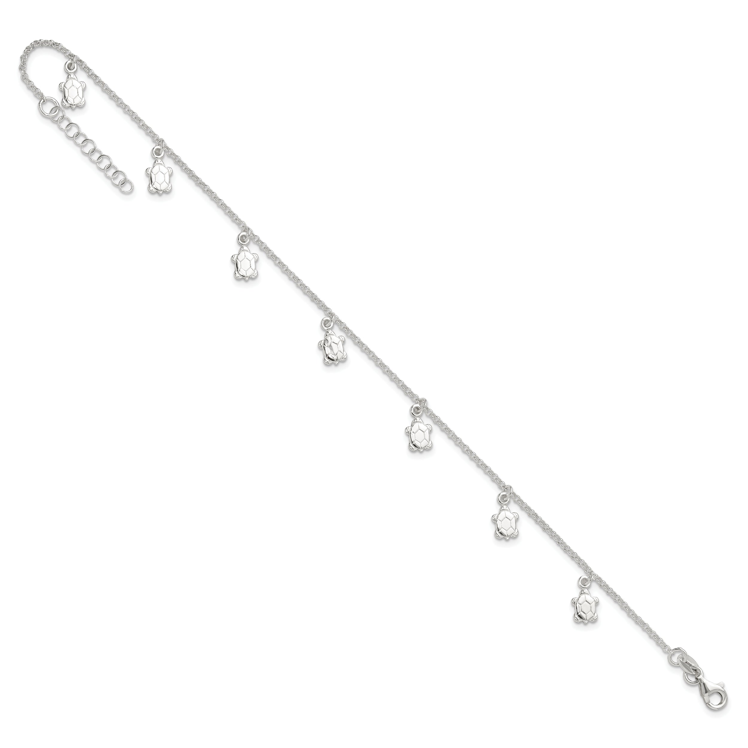 Sterling Silver Turtle Charms 9 inch Plus 1 inch Extender - Total 10 inch Anklet