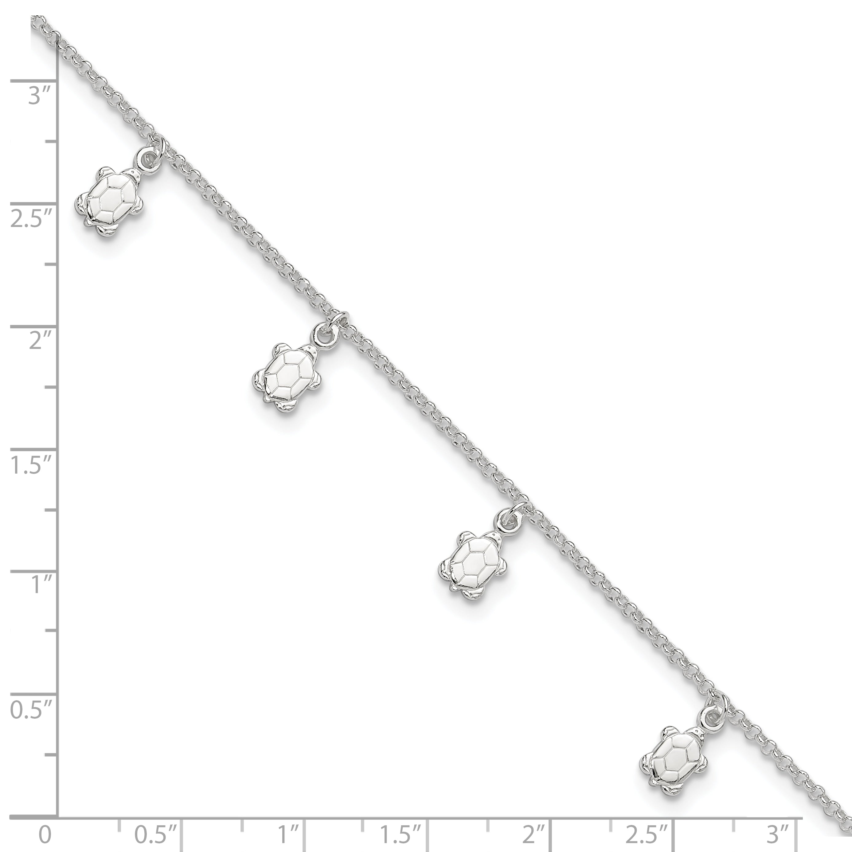 Sterling Silver Turtle Charms 9 inch Plus 1 inch Extender - Total 10 inch Anklet