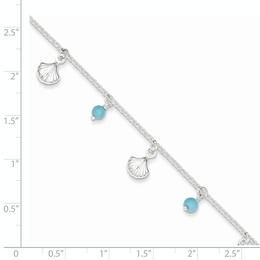 Sterling Silver Shells and Aqua Beads 9 inch Plus 1 inch Extender - Total 10 inch Anklet