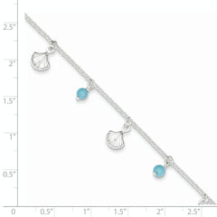 Sterling Silver Shells and Aqua Beads 9 inch Plus 1 inch Extender - Total 10 inch Anklet