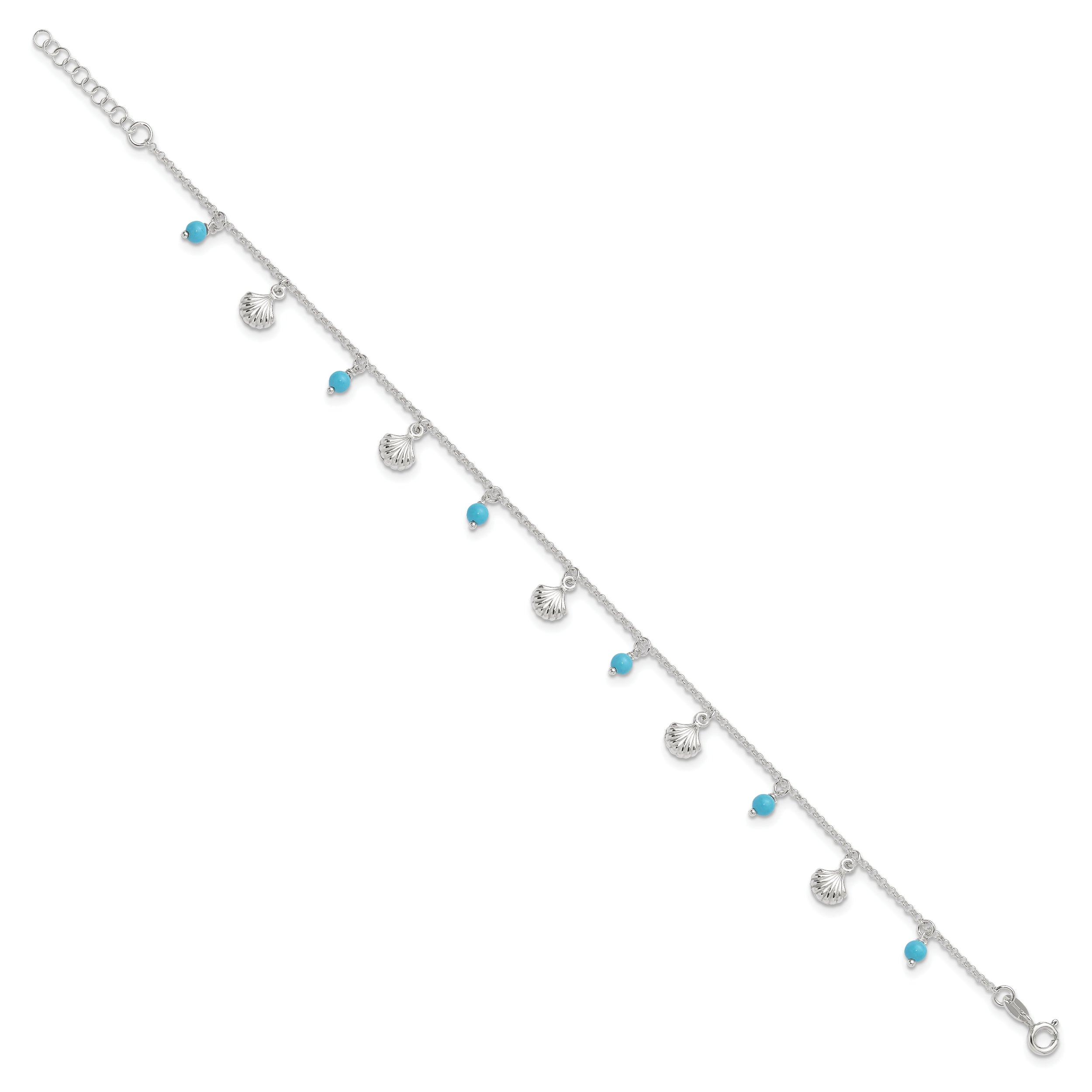 Sterling Silver Shells and Aqua Beads 10 inch Plus 1 inch Extender - Total 11 inch Anklet