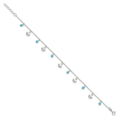 Sterling Silver Shells and Aqua Beads 10 inch Plus 1 inch Extender - Total 11 inch Anklet