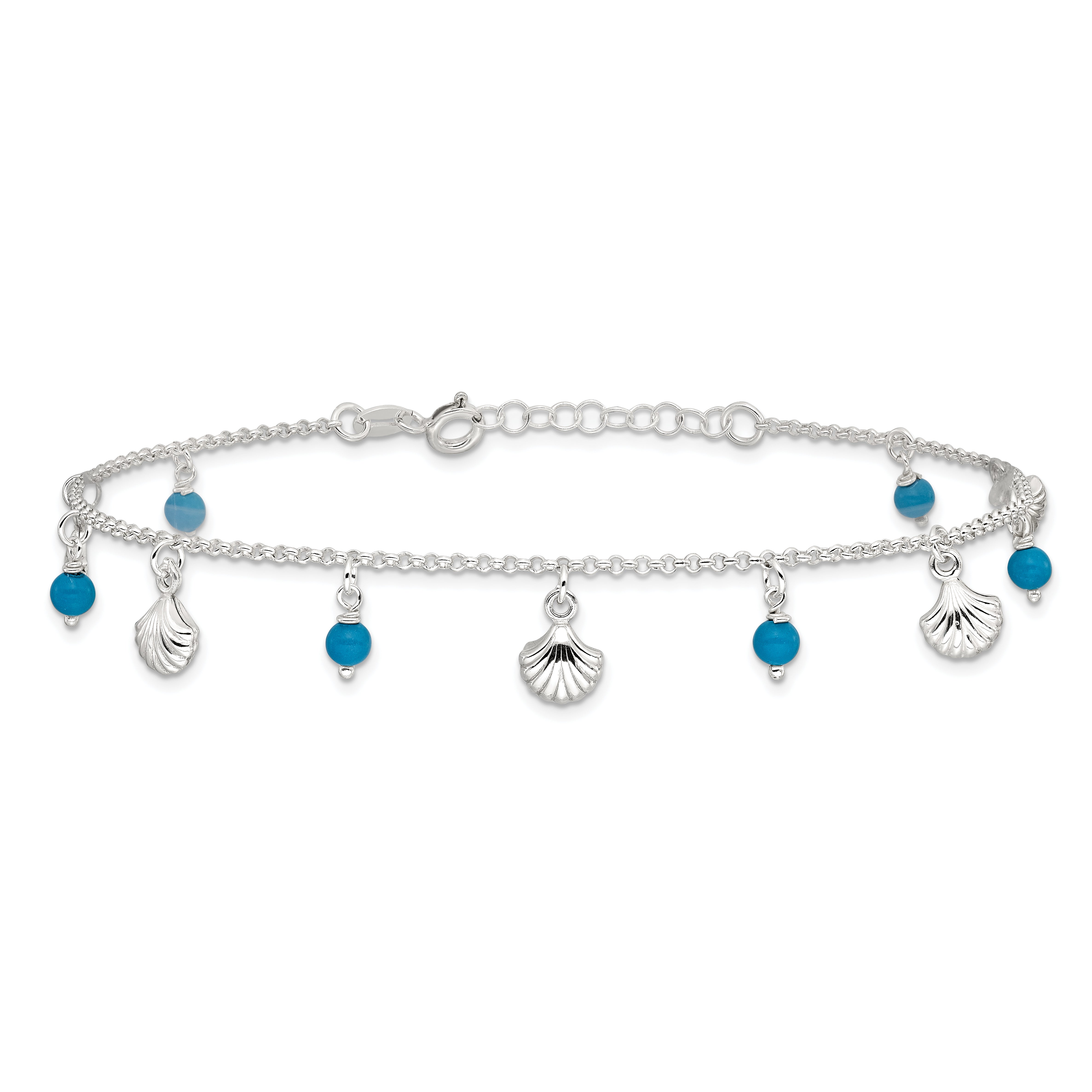 Sterling Silver Shells and Aqua Beads 10 inch Plus 1 inch Extender - Total 11 inch Anklet