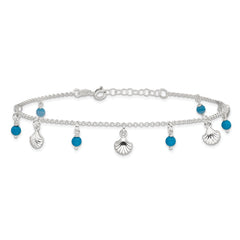 Sterling Silver Shells and Aqua Beads 10 inch Plus 1 inch Extender - Total 11 inch Anklet