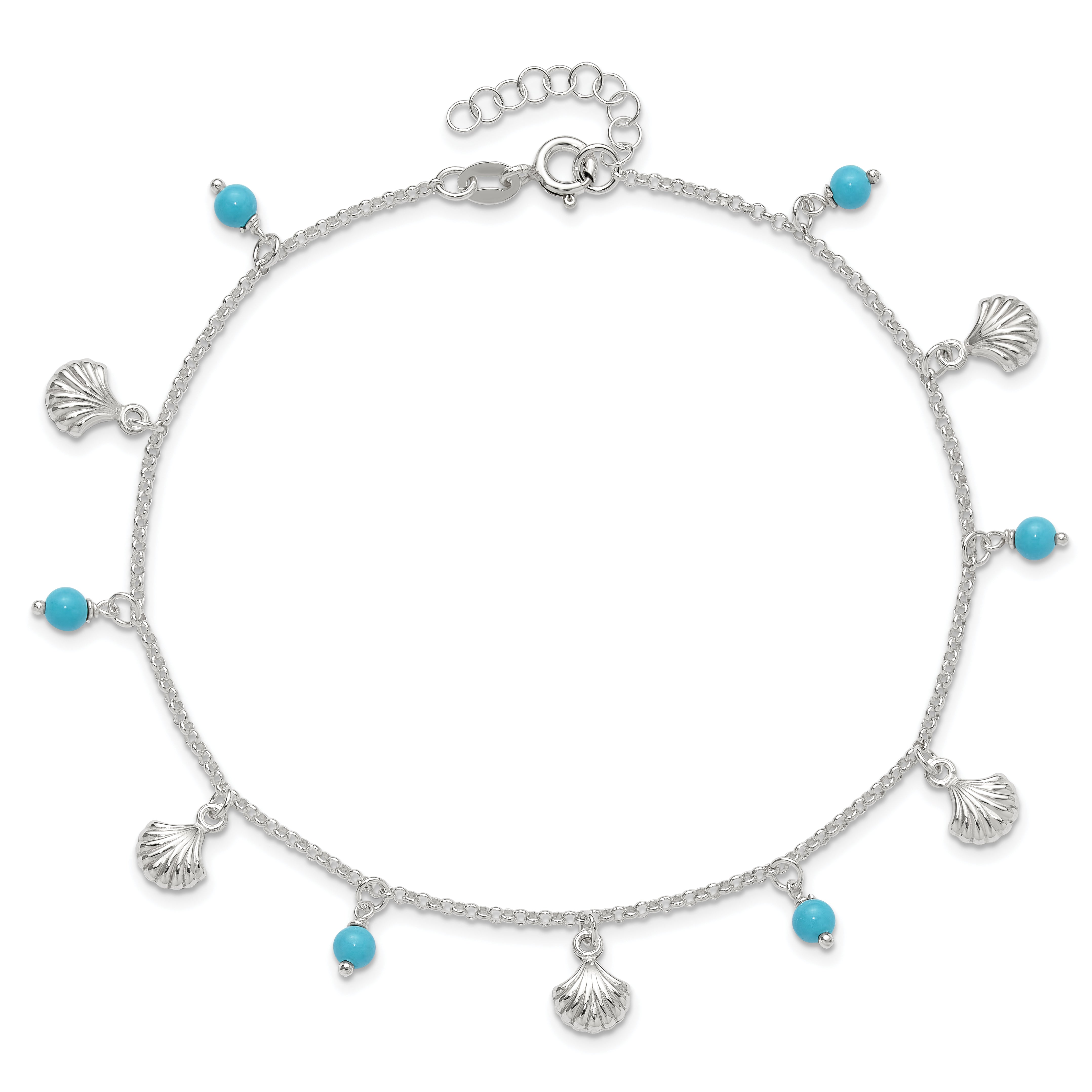 Sterling Silver Shells and Aqua Beads 10 inch Plus 1 inch Extender - Total 11 inch Anklet