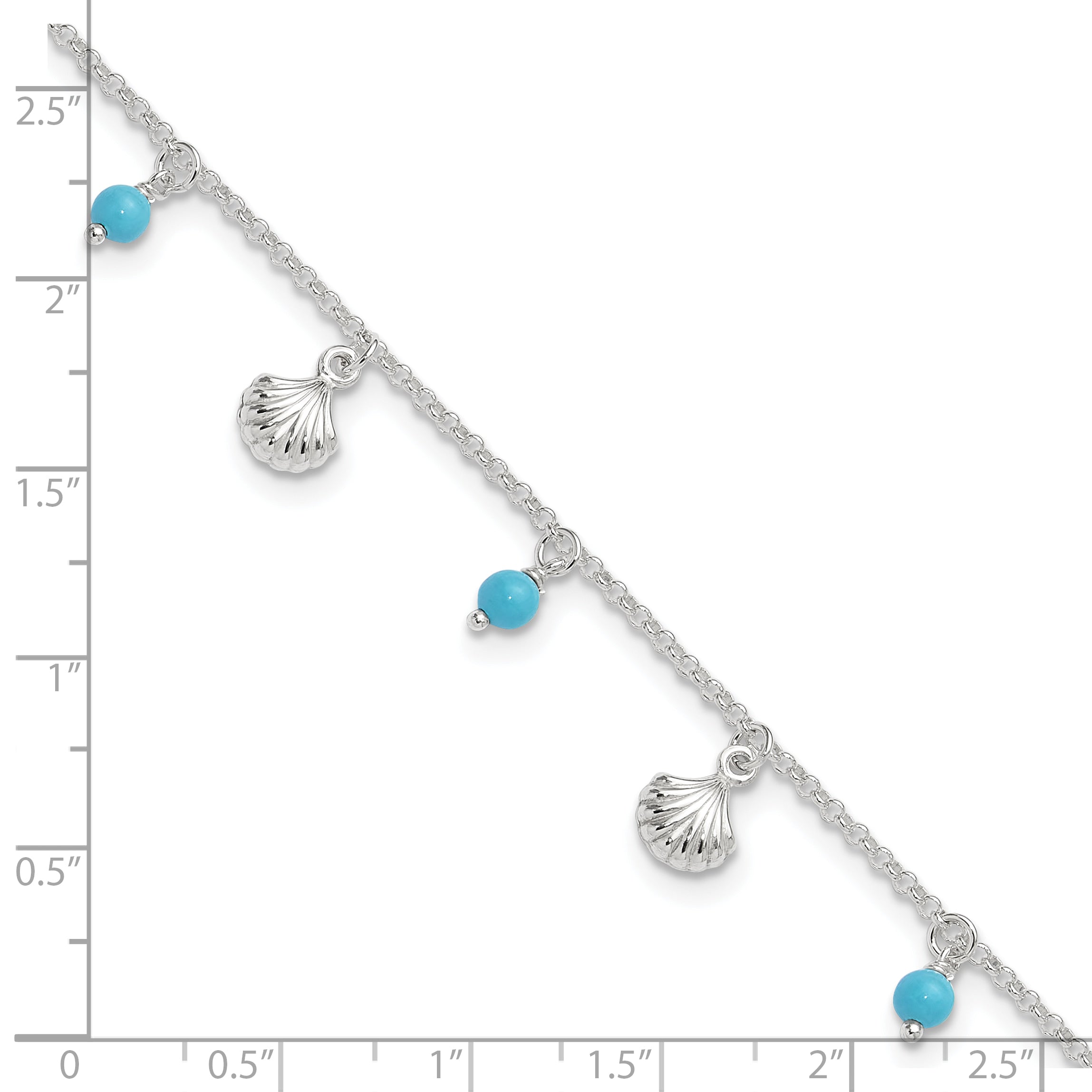 Sterling Silver Shells and Aqua Beads 9 inch Plus 1 inch Extender - Total 10 inch Anklet